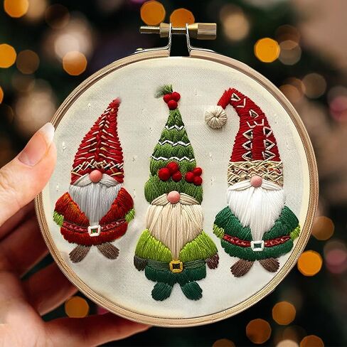 Christmas Embroidery Kit for Adults & Beginners - Gnomes & Cross Stitch Patterns, Cotton, Threads, Needles & Instructions (4 Pcs) in Saudi Arabia