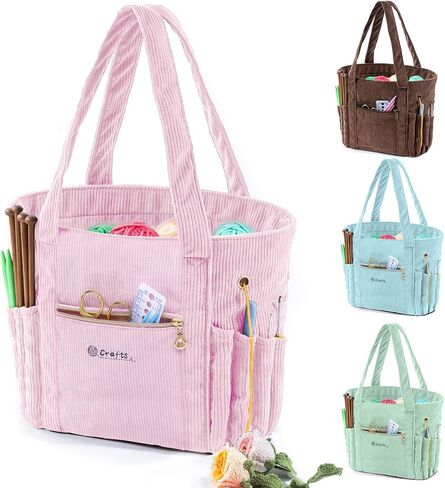 MYABGZING Corduroy Crochet Bag 11.5" Large Yarn Storage Tote with Grommets, Needle Holders – Knitting Bag Organizer for Crochet Hooks, Accessories, Tools & Projects –Gift for Knitters & Crafters in Saudi Arabia