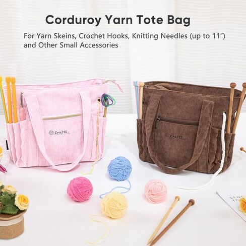 MYABGZING Corduroy Crochet Bag 11.5" Large Yarn Storage Tote with Grommets, Needle Holders – Knitting Bag Organizer for Crochet Hooks, Accessories, Tools & Projects –Gift for Knitters & Crafters in Saudi Arabia