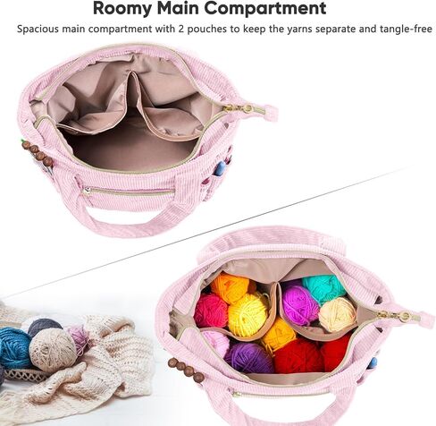 MYABGZING Corduroy Crochet Bag 11.5" Large Yarn Storage Tote with Grommets, Needle Holders – Knitting Bag Organizer for Crochet Hooks, Accessories, Tools & Projects –Gift for Knitters & Crafters in Saudi Arabia