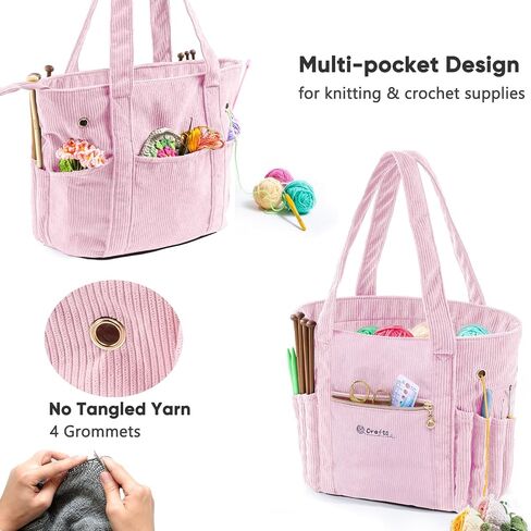 MYABGZING Corduroy Crochet Bag 11.5" Large Yarn Storage Tote with Grommets, Needle Holders – Knitting Bag Organizer for Crochet Hooks, Accessories, Tools & Projects –Gift for Knitters & Crafters in Saudi Arabia
