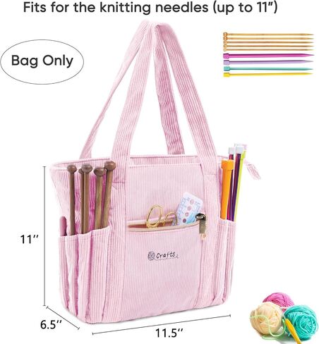 MYABGZING Corduroy Crochet Bag 11.5" Large Yarn Storage Tote with Grommets, Needle Holders – Knitting Bag Organizer for Crochet Hooks, Accessories, Tools & Projects –Gift for Knitters & Crafters in Saudi Arabia