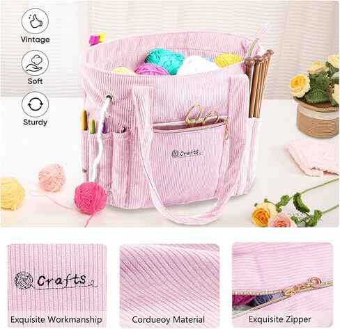 MYABGZING Corduroy Crochet Bag 11.5" Large Yarn Storage Tote with Grommets, Needle Holders – Knitting Bag Organizer for Crochet Hooks, Accessories, Tools & Projects –Gift for Knitters & Crafters in Saudi Arabia