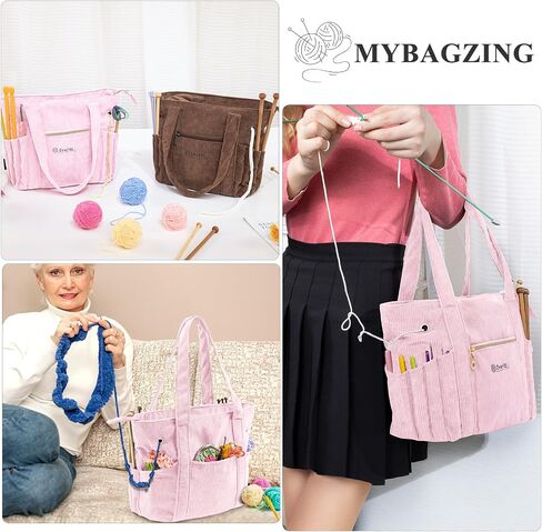 MYABGZING Corduroy Crochet Bag 11.5" Large Yarn Storage Tote with Grommets, Needle Holders – Knitting Bag Organizer for Crochet Hooks, Accessories, Tools & Projects –Gift for Knitters & Crafters in Saudi Arabia
