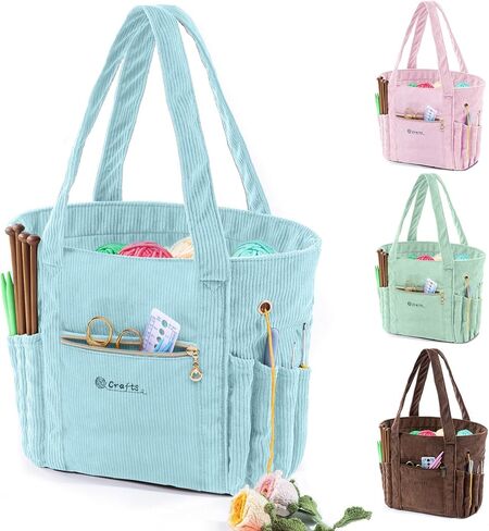 Myabgzing Corduroy Crochet Bag 11.5 "حمل تخزين كبير مع الحلقات ، حاملي الإبرة - منظم أكياس الحياكة لخطافات الكروشيه ، والملحقات ، والأدوات والمشاريع - in Kuwait