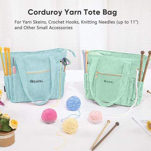 Myabgzing Corduroy Crochet Bag 11.5 "حمل تخزين كبير مع الحلقات ، حاملي الإبرة - منظم أكياس الحياكة لخطافات الكروشيه ، والملحقات ، والأدوات والمشاريع - in Kuwait