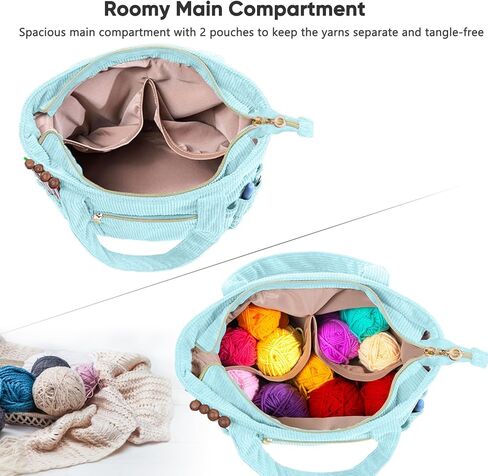 Myabgzing Corduroy Crochet Bag 11.5 "حمل تخزين كبير مع الحلقات ، حاملي الإبرة - منظم أكياس الحياكة لخطافات الكروشيه ، والملحقات ، والأدوات والمشاريع - in Kuwait