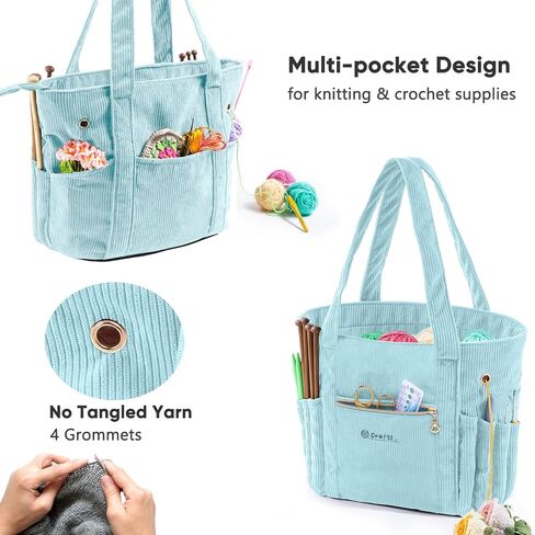 Myabgzing Corduroy Crochet Bag 11.5 "حمل تخزين كبير مع الحلقات ، حاملي الإبرة - منظم أكياس الحياكة لخطافات الكروشيه ، والملحقات ، والأدوات والمشاريع - in Kuwait