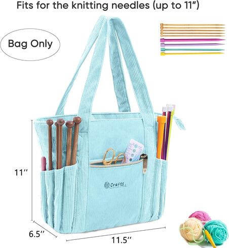 Myabgzing Corduroy Crochet Bag 11.5 "حمل تخزين كبير مع الحلقات ، حاملي الإبرة - منظم أكياس الحياكة لخطافات الكروشيه ، والملحقات ، والأدوات والمشاريع - in Kuwait