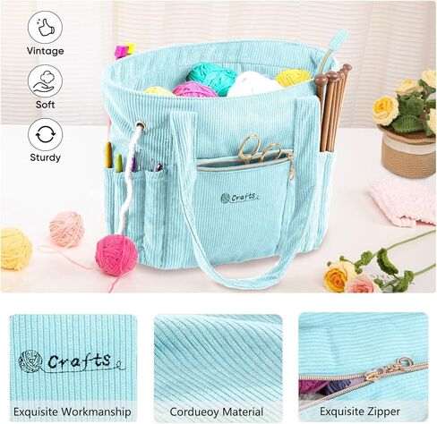 Myabgzing Corduroy Crochet Bag 11.5 "حمل تخزين كبير مع الحلقات ، حاملي الإبرة - منظم أكياس الحياكة لخطافات الكروشيه ، والملحقات ، والأدوات والمشاريع - in Kuwait
