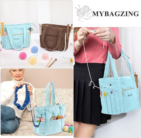 Myabgzing Corduroy Crochet Bag 11.5 "حمل تخزين كبير مع الحلقات ، حاملي الإبرة - منظم أكياس الحياكة لخطافات الكروشيه ، والملحقات ، والأدوات والمشاريع - in Kuwait