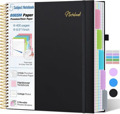 5 محكم الكلية بالموضوع ، تم تحكم الكلية ، 80gsm ، دفتر غلاف لوردي ، دفتر دفتر دفتر ، مجلة مبطنة مع علامات تبويب قابلة للإزالة ، 400 صفحة 8.5 "x11" دفاتر كبيرة للأعمال المدرسية ، اللكم 3 حفرة ، أسود ، أسود in Kuwait