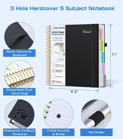 5 محكم الكلية بالموضوع ، تم تحكم الكلية ، 80gsm ، دفتر غلاف لوردي ، دفتر دفتر دفتر ، مجلة مبطنة مع علامات تبويب قابلة للإزالة ، 400 صفحة 8.5 "x11" دفاتر كبيرة للأعمال المدرسية ، اللكم 3 حفرة ، أسود ، أسود in Kuwait