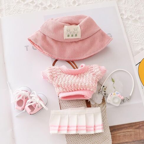 Clothes for Labubu Doll,Clothes for Dolls Accessories,Crocheta Sweater and Pleated Skirt 5 Pieces Set Doll Clothes Compatible with Labubu 15cm&17cm Doll,Doll Clothing Set Replacement (Pink) in Saudi Arabia
