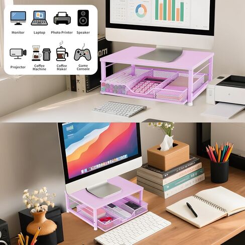 Wood Monitor Stand Riser, Laptop Stand for Desk, Office Desk Organizer and Accessories, Computer Desktop Shelf with Drawer and Pen Holder, Printer Stand for Home, Office, Dorm (Black Wood) in Kuwait
