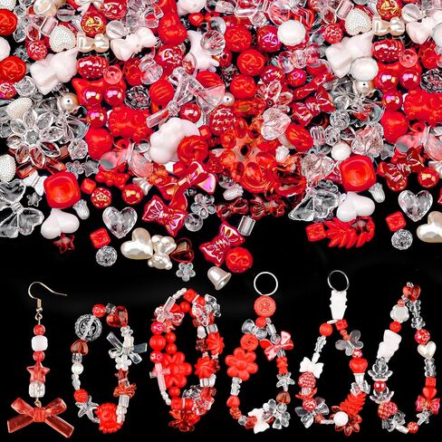 ABONDEVER 245-300Pcs Assorted Acrylic Beads for Bracelets Making Cute Star Bow Flower Candy Heart Gummy Bear Butterfly Beads for DIY Jewelry Crafts Keychain Necklace Phone Charms(Red) in Kuwait
