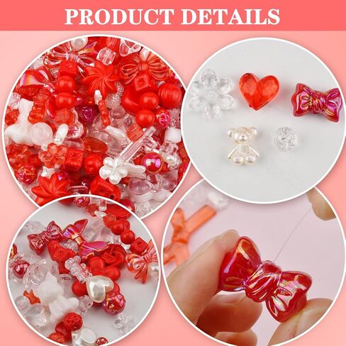 ABONDEVER 245-300Pcs Assorted Acrylic Beads for Bracelets Making Cute Star Bow Flower Candy Heart Gummy Bear Butterfly Beads for DIY Jewelry Crafts Keychain Necklace Phone Charms(Red) in Kuwait