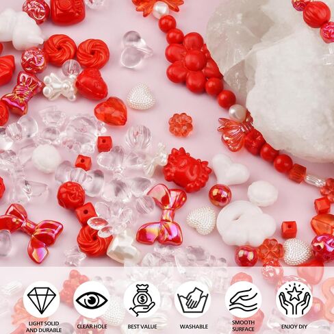ABONDEVER 245-300Pcs Assorted Acrylic Beads for Bracelets Making Cute Star Bow Flower Candy Heart Gummy Bear Butterfly Beads for DIY Jewelry Crafts Keychain Necklace Phone Charms(Red) in Kuwait