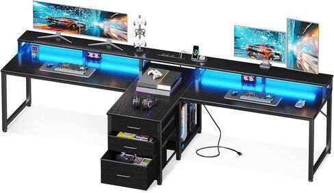 Casaottima 94 بوصة وشخصين مكتب كمبيوتر المكتب المنزلي مع منفذ الطاقة وضوء LED ، أدراج النسيج وخزانة الملفات ، مكتب الكتابة الطويل مع حامل الشاشة ، أرفف التخزين ، طاولة الدراسة/العمل ، الأسود in Kuwait