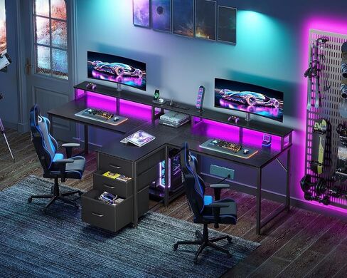 Casaottima 94 بوصة وشخصين مكتب كمبيوتر المكتب المنزلي مع منفذ الطاقة وضوء LED ، أدراج النسيج وخزانة الملفات ، مكتب الكتابة الطويل مع حامل الشاشة ، أرفف التخزين ، طاولة الدراسة/العمل ، الأسود in Kuwait
