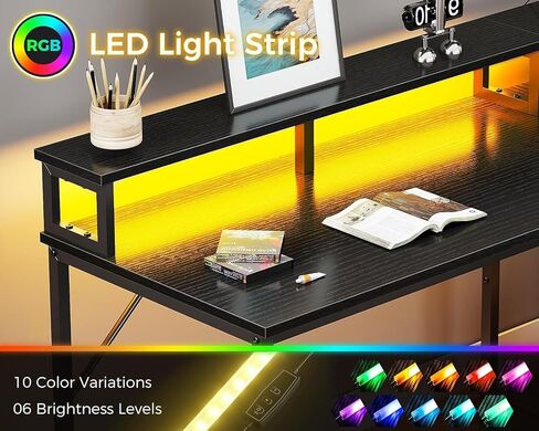 Casaottima 94 بوصة وشخصين مكتب كمبيوتر المكتب المنزلي مع منفذ الطاقة وضوء LED ، أدراج النسيج وخزانة الملفات ، مكتب الكتابة الطويل مع حامل الشاشة ، أرفف التخزين ، طاولة الدراسة/العمل ، الأسود in Kuwait