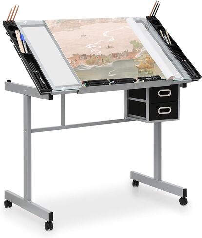 Athena Collection 41" Drafting Table Adjustable Angle Drawing Table Tempered Glass Art Desk Metal Frame Craft Desk for Artist with Fabric Drawers, Rolling Casters and Trays, Light Grey in Saudi Arabia