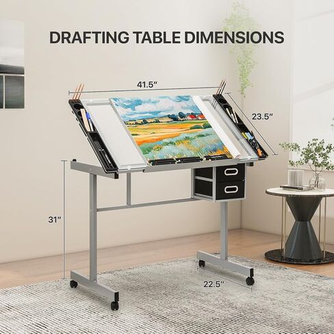 Athena Collection 41" Drafting Table Adjustable Angle Drawing Table Tempered Glass Art Desk Metal Frame Craft Desk for Artist with Fabric Drawers, Rolling Casters and Trays, Light Grey in Saudi Arabia