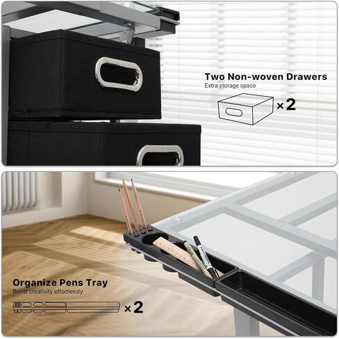 Athena Collection 41" Drafting Table Adjustable Angle Drawing Table Tempered Glass Art Desk Metal Frame Craft Desk for Artist with Fabric Drawers, Rolling Casters and Trays, Light Grey in Saudi Arabia
