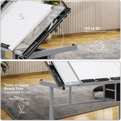 Athena Collection 41" Drafting Table Adjustable Angle Drawing Table Tempered Glass Art Desk Metal Frame Craft Desk for Artist with Fabric Drawers, Rolling Casters and Trays, Light Grey in Saudi Arabia