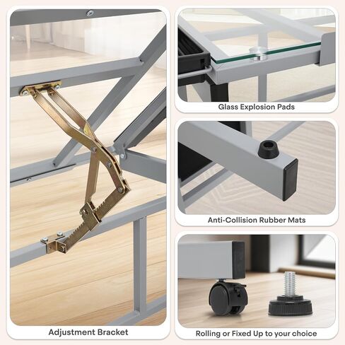 Athena Collection 41" Drafting Table Adjustable Angle Drawing Table Tempered Glass Art Desk Metal Frame Craft Desk for Artist with Fabric Drawers, Rolling Casters and Trays, Light Grey in Saudi Arabia