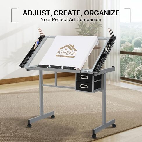 Athena Collection 41" Drafting Table Adjustable Angle Drawing Table Tempered Glass Art Desk Metal Frame Craft Desk for Artist with Fabric Drawers, Rolling Casters and Trays, Light Grey in Saudi Arabia