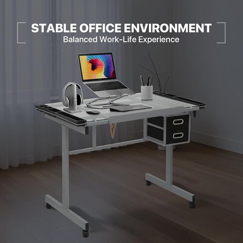 Athena Collection 41" Drafting Table Adjustable Angle Drawing Table Tempered Glass Art Desk Metal Frame Craft Desk for Artist with Fabric Drawers, Rolling Casters and Trays, Light Grey in Saudi Arabia
