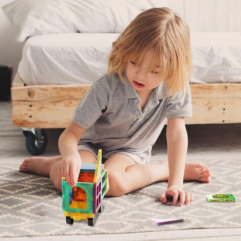 Magnetic Tiles Car Building Kit for Toddlers, 4 PCS Magnet Construction Trucks, STEM Toys for 3-8 Year Old Boys Girls, Educational Vehicle Engineering Set in Saudi Arabia