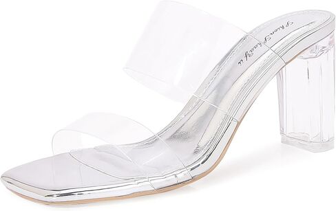 Shion ShaaYii Womens Clear Square Toe Heels Sandals Chunky Heels Transparent Rhinestone Strap Slip on Mules for Women Party Dating Daily Standard Size 2.95 Inch in Kuwait