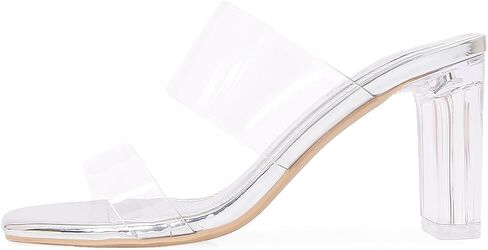 Shion ShaaYii Womens Clear Square Toe Heels Sandals Chunky Heels Transparent Rhinestone Strap Slip on Mules for Women Party Dating Daily Standard Size 2.95 Inch in Kuwait
