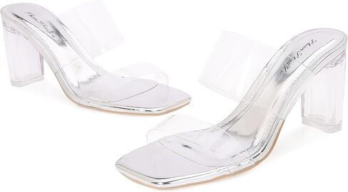 Shion ShaaYii Womens Clear Square Toe Heels Sandals Chunky Heels Transparent Rhinestone Strap Slip on Mules for Women Party Dating Daily Standard Size 2.95 Inch in Kuwait