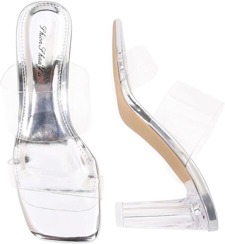 Shion ShaaYii Womens Clear Square Toe Heels Sandals Chunky Heels Transparent Rhinestone Strap Slip on Mules for Women Party Dating Daily Standard Size 2.95 Inch in Kuwait