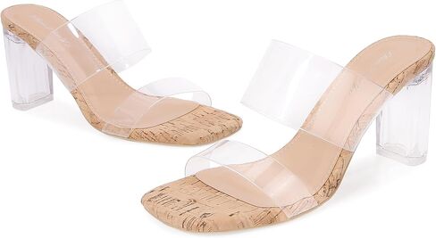 Clear Heels for Women Transparent Two Strap Block Chunky Square Heel Sandals Open Toe Slip On Mules Dressy Summer Wedding Party Beach Shoes in Saudi Arabia