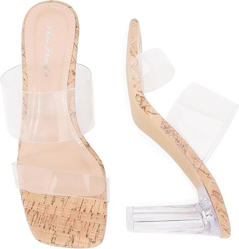 Clear Heels for Women Transparent Two Strap Block Chunky Square Heel Sandals Open Toe Slip On Mules Dressy Summer Wedding Party Beach Shoes in Saudi Arabia