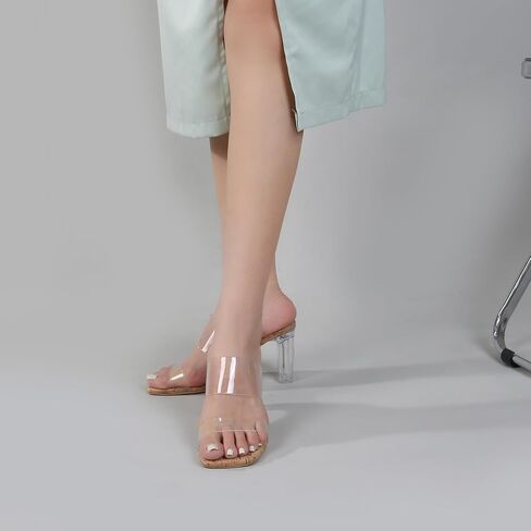 Clear Heels for Women Transparent Two Strap Block Chunky Square Heel Sandals Open Toe Slip On Mules Dressy Summer Wedding Party Beach Shoes in Saudi Arabia