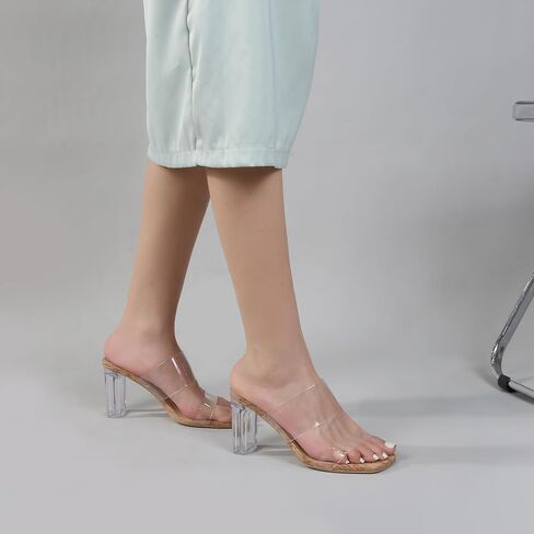 Clear Heels for Women Transparent Two Strap Block Chunky Square Heel Sandals Open Toe Slip On Mules Dressy Summer Wedding Party Beach Shoes in Saudi Arabia