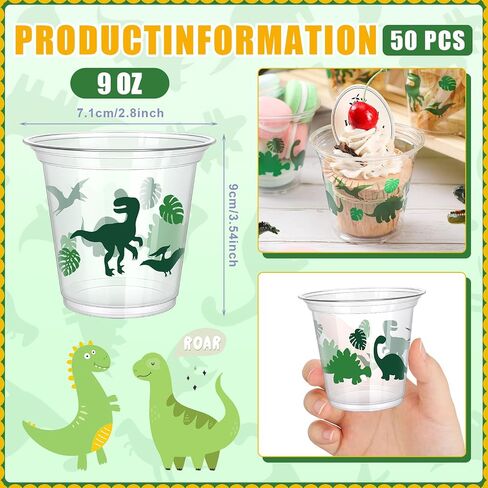 50 pcs 9oz ديناصور كوب الديناصورات آيس كريم أكواب البلاستيك يمكن التخلص منها الأوعية الخفيفة صافية الأوعية الحلوى للحساء الساخنة أو الباردة اللوازم الزبادي (الأخضر) in Saudi Arabia