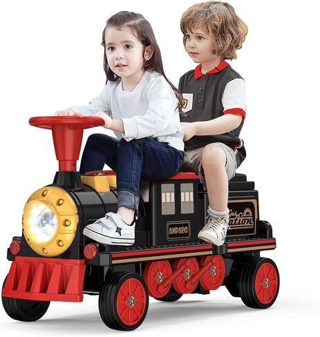 ANPABO 2-Seater Ride On Train Trackless, 12V Kids Car with Height-Adjustable Seat, Extra Storage, Headlight, Train Whistle & Music, Electric Car for Kids 3+ (Carriage Not Included), Red in Kuwait