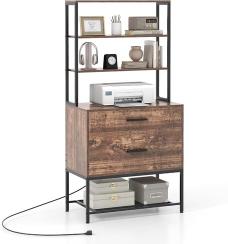 Giantex Tall-Drawer File Cabinet-خزانة الملفات مع محطة الشحن ، ورفوف التخزين ذات 3 مستويات ، ودرج كبير ، ومجلدات ملفات معلقة ، والحجم القانوني للحرف A4 ، ومكتب الطابعة للمكتب المنزلي (رمادي) in Kuwait