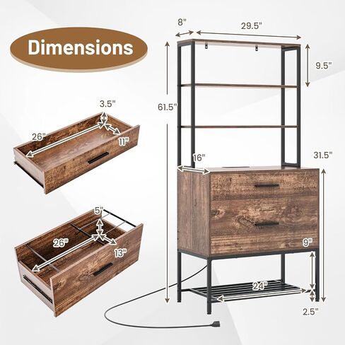 Giantex Tall-Drawer File Cabinet-خزانة الملفات مع محطة الشحن ، ورفوف التخزين ذات 3 مستويات ، ودرج كبير ، ومجلدات ملفات معلقة ، والحجم القانوني للحرف A4 ، ومكتب الطابعة للمكتب المنزلي (رمادي) in Kuwait