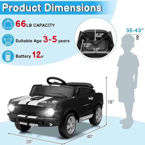 Winado 12V Licensed Shelby Electric Car for Kids, Battery Powered Ride On Toy for Toddlers with Remote Control, Upgrade Panel, Bluetooth, Shock Absorbers, Safety Belt, 3 Speeds, LED Lights - Black in Kuwait
