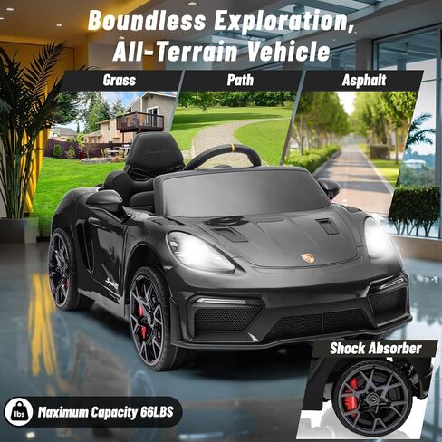 12 فولت ركوب على سيارة بورش 718 ، سيارة كهربائية للأطفال مع التحكم عن بعد ، ضوء LED الأمامي/الخلفي ، الراديو ، USB/AUX ، الأبواب المفتوحة ، وظيفة التعليق ، إطارات متينة (أسود) in Kuwait