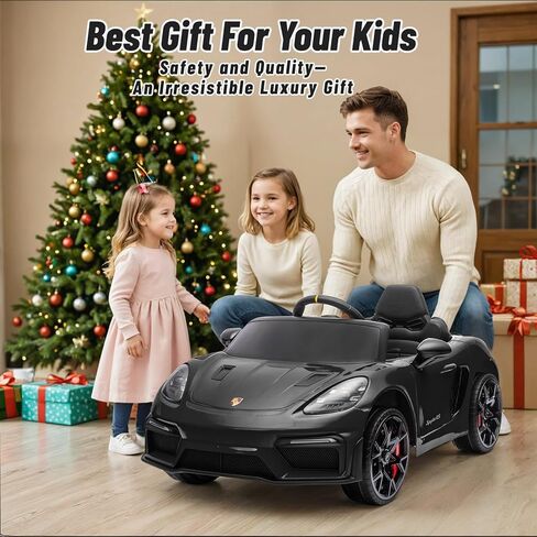 12 فولت ركوب على سيارة بورش 718 ، سيارة كهربائية للأطفال مع التحكم عن بعد ، ضوء LED الأمامي/الخلفي ، الراديو ، USB/AUX ، الأبواب المفتوحة ، وظيفة التعليق ، إطارات متينة (أسود) in Kuwait