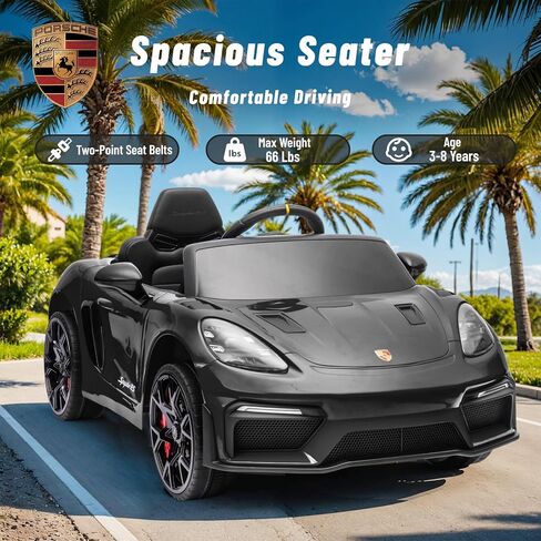 12 فولت ركوب على سيارة بورش 718 ، سيارة كهربائية للأطفال مع التحكم عن بعد ، ضوء LED الأمامي/الخلفي ، الراديو ، USB/AUX ، الأبواب المفتوحة ، وظيفة التعليق ، إطارات متينة (أسود) in Kuwait