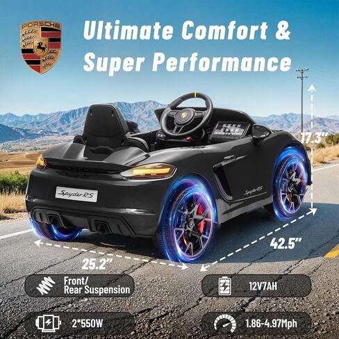 12 فولت ركوب على سيارة بورش 718 ، سيارة كهربائية للأطفال مع التحكم عن بعد ، ضوء LED الأمامي/الخلفي ، الراديو ، USB/AUX ، الأبواب المفتوحة ، وظيفة التعليق ، إطارات متينة (أسود) in Kuwait